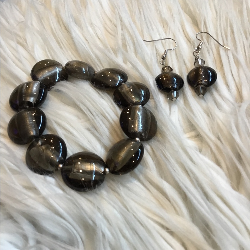 Vintage ROUND POLISHED GLASS SMOKY QUARTS BRACELET & MATCHING EARRINGS